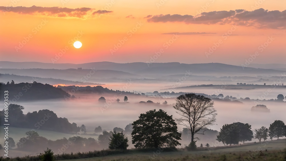 Fototapeta premium Golden Sunrise Over Misty Valley Landscape with Trees and Rolling Hills at Early Morning Light.