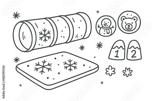 Snowy Toddler Play Set. Snowy play tunnel set for toddlers doodle set: hand drawn icons for fabric tubes, themed decals, soft mats