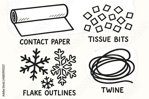 Snowflake Suncatcher Kit. DIY snowflake suncatcher kit doodle set: hand drawn icons for contact paper, tissue bits, flake outlines