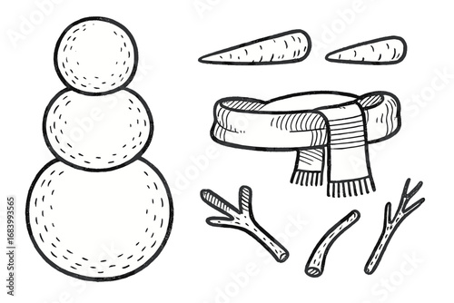 Snowman Kit Doodles. Winter-themed build-a-snowman kit doodle set: hand drawn icons for snowball bases, carrot noses, scarf pieces