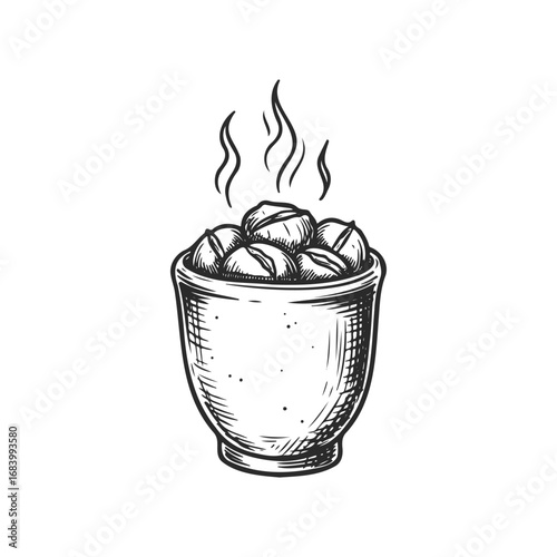Black and white illustration of steaming bowl of dumplings