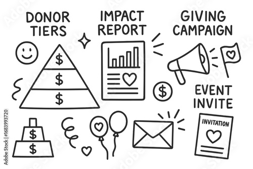 Nonprofit Fundraising Icons. Nonprofit fundraising tools doodle set: hand drawn icons for donor tiers, impact reports, giving