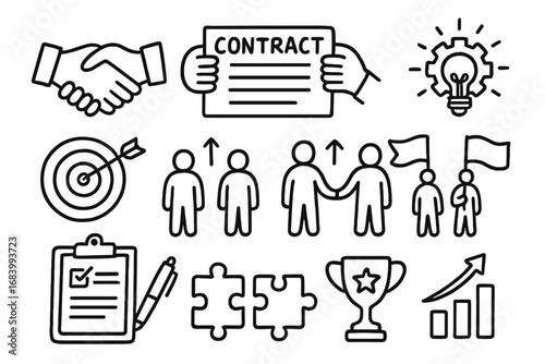 Partnership Icons Doodle Set. Partnership collaboration kit doodle set: hand drawn icons for contract agreements, mutual goals,