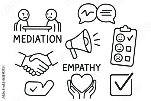 Conflict Resolution Doodles. Office conflict resolution doodle set: hand drawn icons for mediation talks, feedback tools, empathy