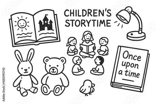 Storytime Doodle Set. Children’s storytime doodle set: hand drawn icons for picture books, reading circles, stuffed animals, and