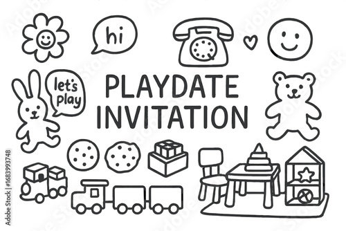 Playdate Doodle Icons. Playdate invitation doodle set: hand drawn icons for friendly notes, toy icons, cookies, and playroom