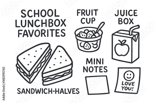 Lunchbox Doodle Set. School lunchbox favorites doodle set: hand drawn icons for sandwich halves, fruit cups, juice boxes, and mini
