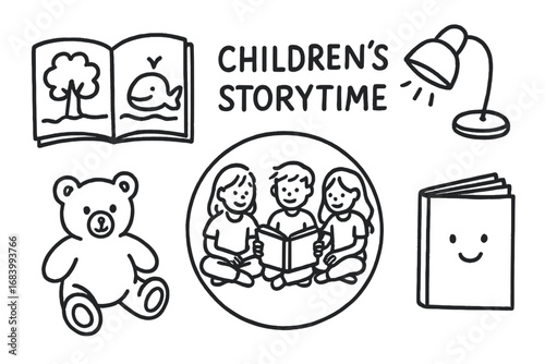Storytime Doodle Set. Children’s storytime doodle set: hand drawn icons for picture books, reading circles, stuffed animals, and