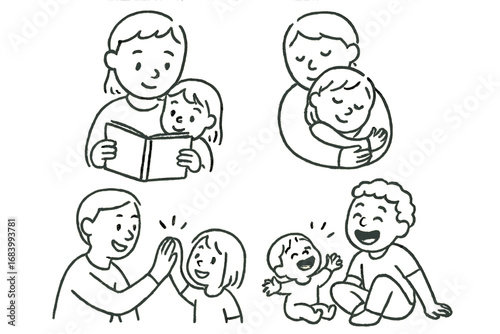 Parent-Child Bonding Icons. Parent-child bonding moments doodle set: hand drawn icons for reading together, cuddles, helping hands