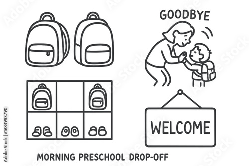 Preschool Drop-off Icons. Morning preschool drop-off doodle set: hand drawn icons for backpacks, goodbyes, cubbies, and welcome