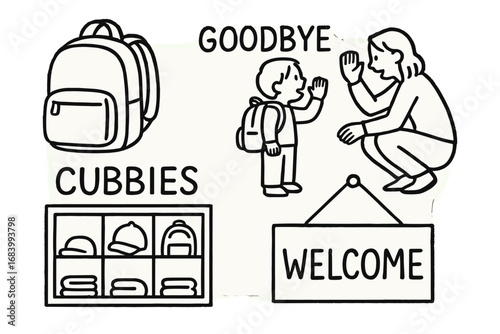 Preschool Drop-off Icons. Morning preschool drop-off doodle set: hand drawn icons for backpacks, goodbyes, cubbies, and welcome