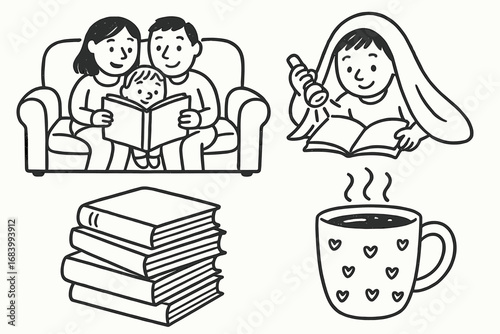 Cozy Reading Icons. Family reading night doodle set: hand drawn icons for storytime couch, book stack, flashlight reading, and hot