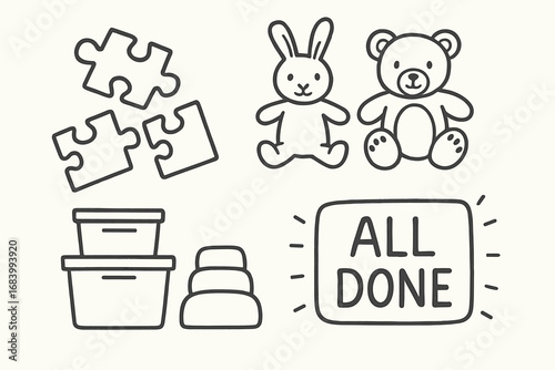 Toddler Toy Cleanup. Toddler toy cleanup time doodle set: hand drawn icons for puzzle pieces, stuffed animals, stacking bins, and