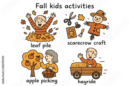 Fall Activities Icons. Fall kids activities doodle set: hand drawn icons for leaf pile, scarecrow craft, apple picking, and