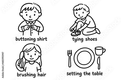 Kids' Life Skills Icons. Children’s life skills doodle set: hand drawn icons for buttoning shirt, tying shoes, brushing hair, and