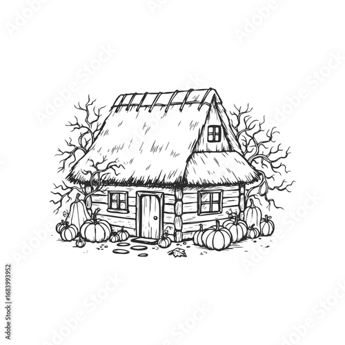 Rustic cottage with thatched roof and pumpkins in autumn setting