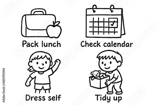 Children's Independence Doodles. Children’s daily independence doodle set: hand drawn icons for pack lunch, check calendar, dress
