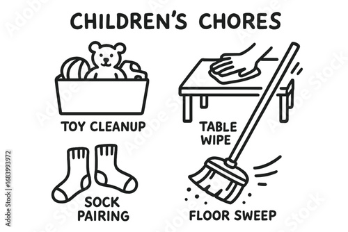 Children's Chores Doodle. Children’s chores routine doodle set: hand drawn icons for toy cleanup, table wipe, sock pairing, and