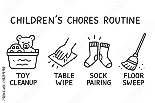 Children's Chores Doodle. Children’s chores routine doodle set: hand drawn icons for toy cleanup, table wipe, sock pairing, and