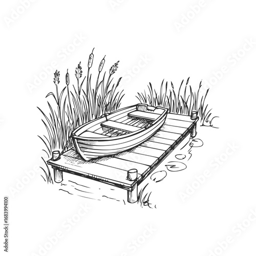 Rowboat on tranquil lake dock with reeds in black and white sketch