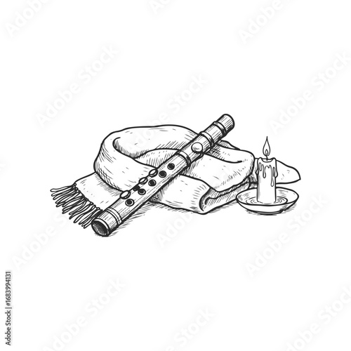Hand-drawn flute with scarf and candle on white background illustration