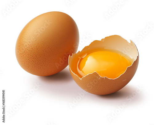Ovos caipiras, inteiros e quebrado, ingrediente para receitas, em fundo transparente	
