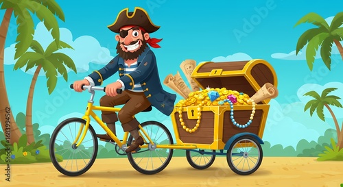 Pirate rides bicycle with treasure chest