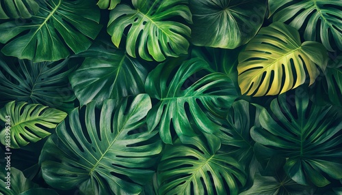 The illustration shows a dense arrangement of various Monstera deliciosa leaves in shades of deep and light green, creating a textured, natural backdrop.