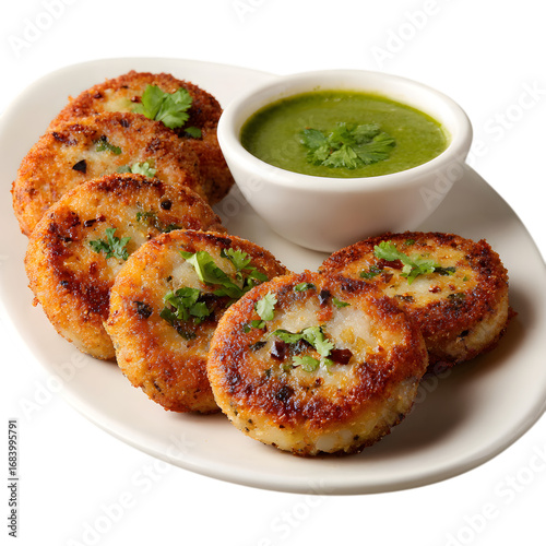 Delicious Indian Cuisine PanFried Potato Patties with Mint Chutney Recipe isolated on transparent background