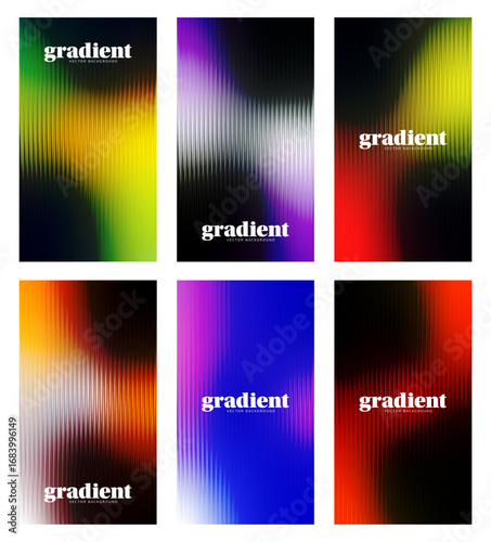 Ripple glass distortion background set. Collection Abstract fractal effect ribbed glass texture with vibrant gradients. Reeded Bold dynamic design blending futuristic tones vector bg.