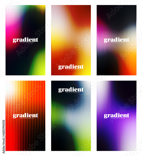 Ripple glass distortion background set. Collection Abstract fractal effect ribbed glass texture with vibrant gradients. Reeded Bold dynamic design blending futuristic tones vector bg.