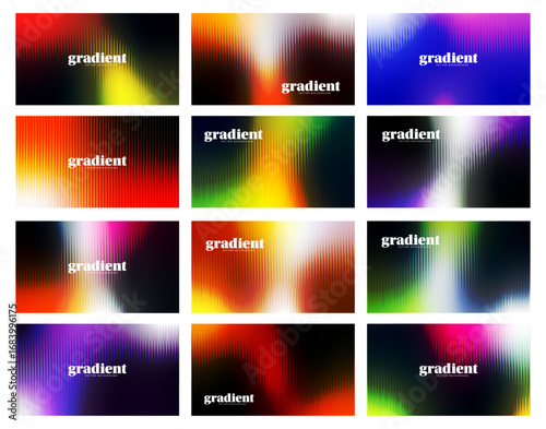 Ripple glass distortion background set. Collection Abstract fractal effect ribbed glass texture with vibrant gradients. Reeded Bold dynamic design blending futuristic tones vector bg.