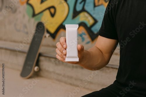 Person holding vertical white protein bar mockup at skatepark with graffiti wall and skateboard in background ideal for youth lifestyle snack branding and packaging concept