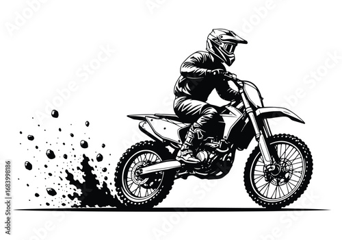 Dynamic motocross rider action silhouette with dirt spray exciting off-road motorcycle sports graphic