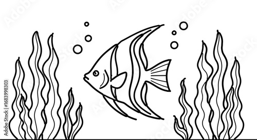 Illustration of an angelfish with algae and bubbles