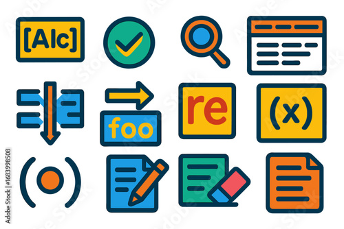 Python Regex Icons. Flat vector icons of Python Regex and Text Processing: regex pattern, match icon, search function, findall