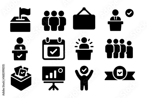 Election Iconography. Solid style icons of election events and visuals: ballot box with flag, voter crowd, polling station sign,
