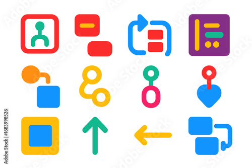 PHP Icons Set. Flat vector icons of PHP Control Structures: if condition, else block, elseif arrow, switch case, for loop, foreach