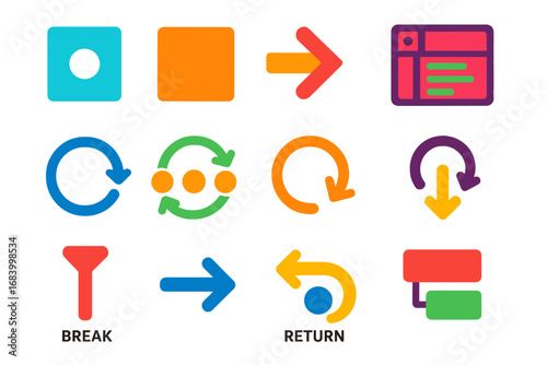 PHP Icons Set. Flat vector icons of PHP Control Structures: if condition, else block, elseif arrow, switch case, for loop, foreach