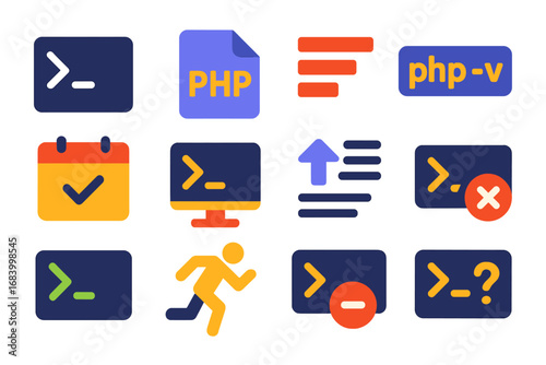 PHP CLI Icons. Flat vector icons of PHP CLI and Scripts: command line icon, php script file, CLI arguments, php -v version, cron