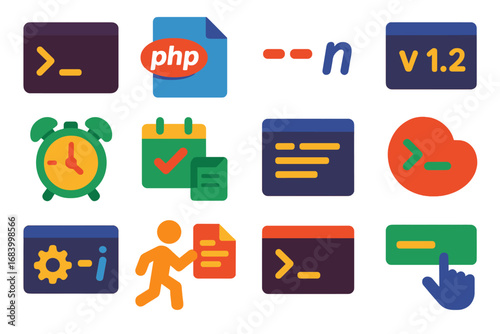 PHP CLI Icons. Flat vector icons of PHP CLI and Scripts: command line icon, php script file, CLI arguments, php -v version, cron