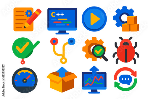 C++ Workflow Icons. Flat vector icons of C++ development workflow: plan icon, code writing, compile button, build system, version