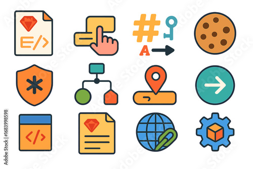 Ruby Web Development Icons. Flat vector icons of Ruby web development: HTML ERB file, form helper, params hash, session cookie,