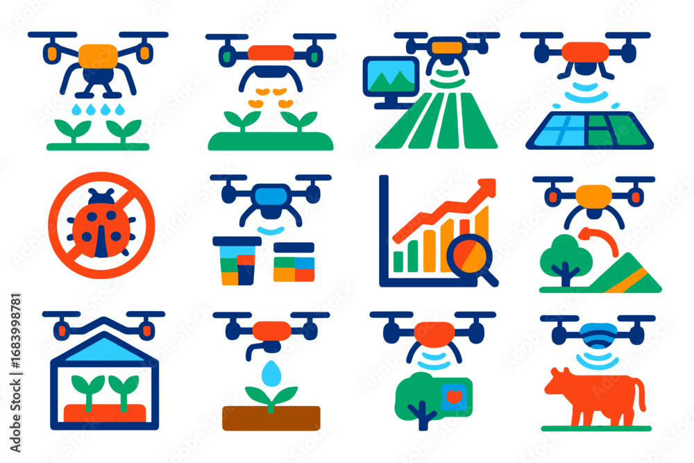 Fototapeta premium Vibrant Drone Technology Icons. Flat vector icons of drone agriculture use: crop spray drone, seed spreading drone, field