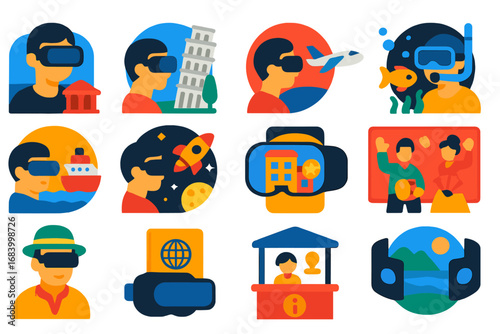 VR Travel Icons. Flat vector icons of VR for tourism and travel: virtual museum, landmark tour, immersive flight, underwater