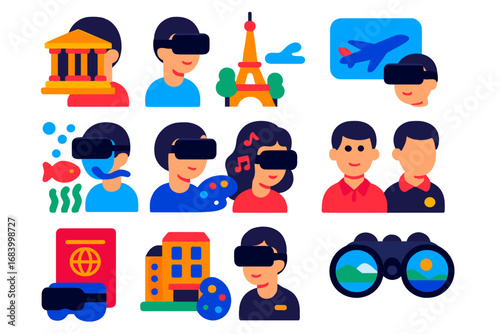 VR Travel Icons. Flat vector icons of VR for tourism and travel: virtual museum, landmark tour, immersive flight, underwater