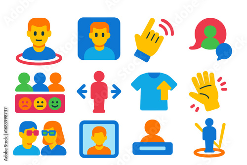 AR Avatar Icons. Flat vector icons of AR avatars and interactions: character spawn point, avatar customization, gesture control
