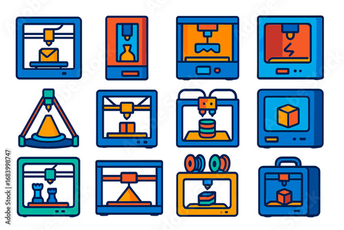 3D Printer Icons. Flat vector icons of 3D printer types: FDM printer, resin SLA printer, DLP printer, SLS machine, delta 3D
