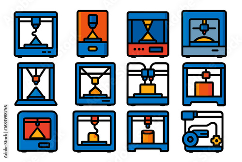 3D Printer Icons. Flat vector icons of 3D printer types: FDM printer, resin SLA printer, DLP printer, SLS machine, delta 3D