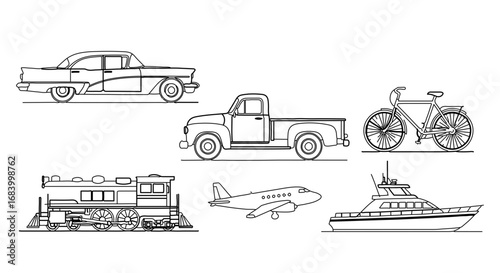 Line art illustration of different modes of transportation, including car and airplane